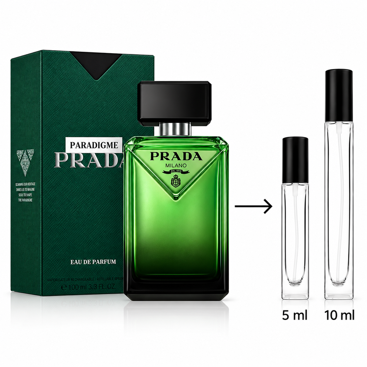 Prada Paradigme Milano Eau de Parfum shown with the green rectangular bottle, its dark green box, and two clear sample spray vials labeled 5 ml and 10 ml on a white background.