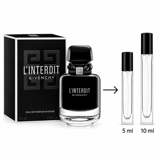Givenchy L'Interdit Eau de Parfum Intense 80ml bottle and its black box, shown next to two clear 5ml and 10ml travel atomizers with black caps on a white background.