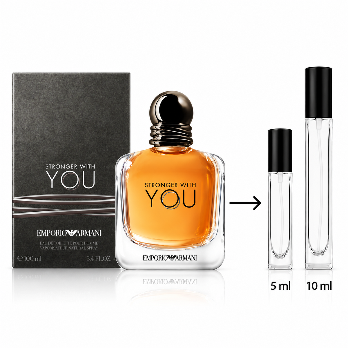 Emporio Armani Stronger With You cologne shown with its black retail box, a large amber glass bottle, and two clear travel atomizer vials labeled 5 ml and 10 ml on a white background.