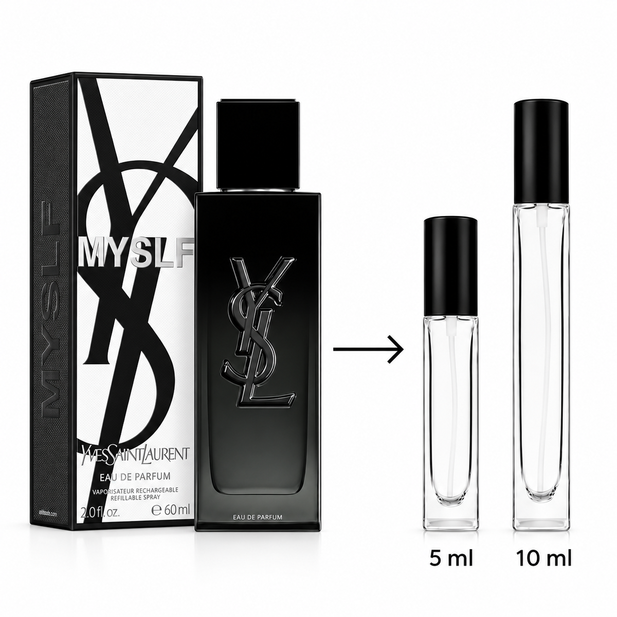 YSL Myslf Eau de Parfum 10ml travel decant set, featuring the 60ml black bottle, its black-and-white box, and two clear 5ml and 10ml travel atomizer vials on a white background.
