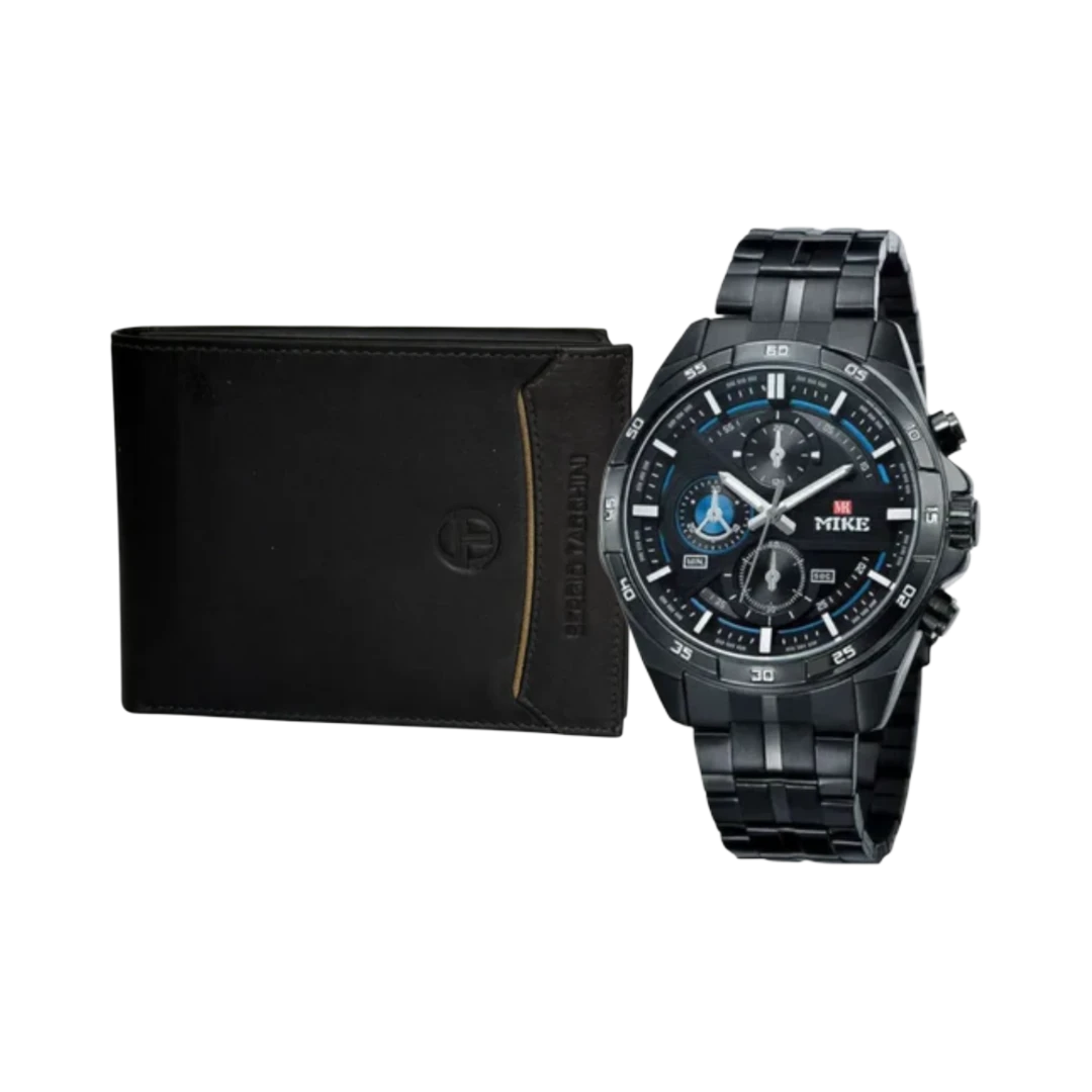 Elegant Accessories Gift Set For Him - Mike Sport Watch and Leather Wallet