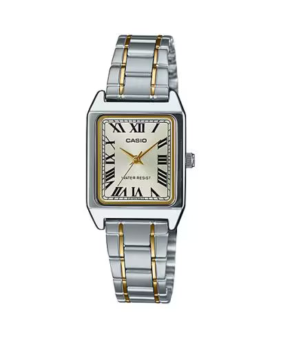 Casio watch for women with silver and gold band on a white background