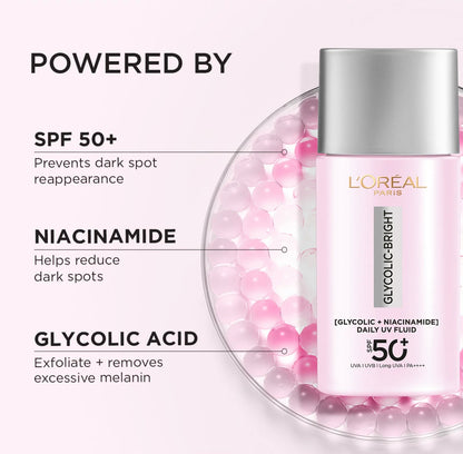L'Oreal Paris Glycolic Bright UV Fluid bottle with ingredients listed on a white background