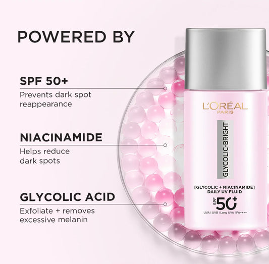 L'Oreal Paris Glycolic Bright UV Fluid bottle with ingredients listed on a white background