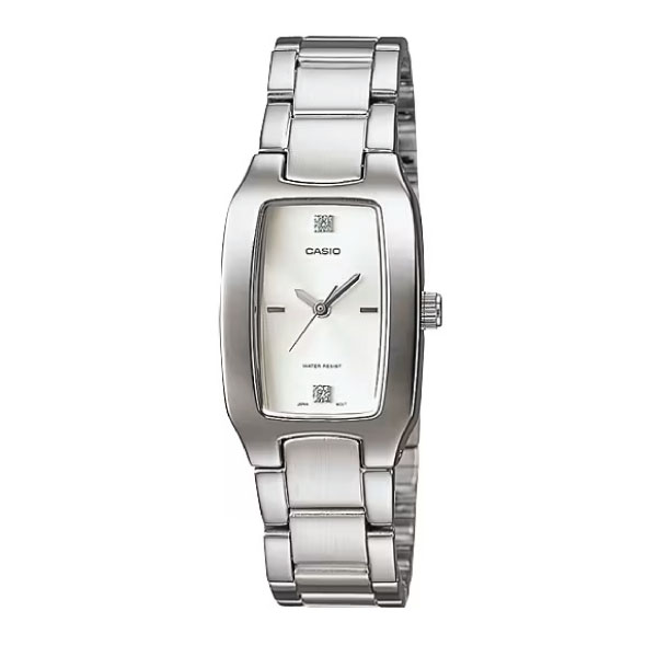 A Casio women's analog watch with a silver stainless steel link bracelet, a silver-toned rectangular case, and a white dial with simple hour markers and a date window.