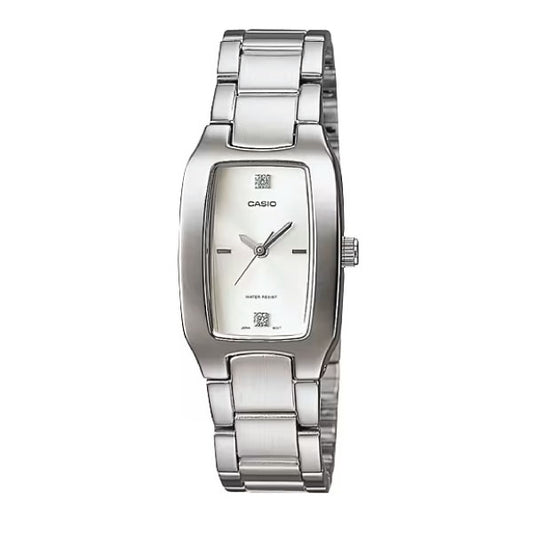 A Casio women's analog watch with a silver stainless steel link bracelet, a silver-toned rectangular case, and a white dial with simple hour markers and a date window.