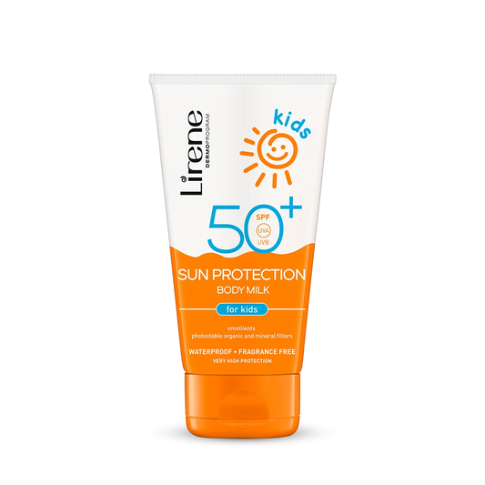 Lirene kids sun protection body milk SPF 50+ on a white background