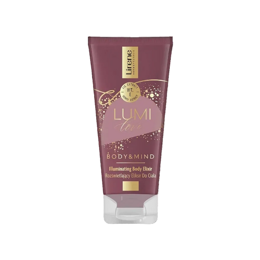 Tube of Lirene Lumilove Body&Mind Illuminating Body Elixir on a white background