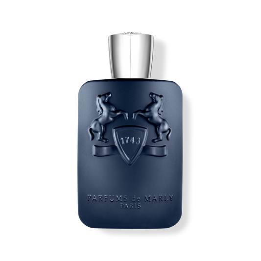 Blue perfume bottle branded Parfums de Marly with silver cap on a white background