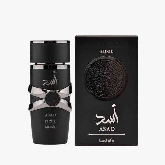 Black perfume bottle and packaging with 'Lattafa ASAD' branding on a white background