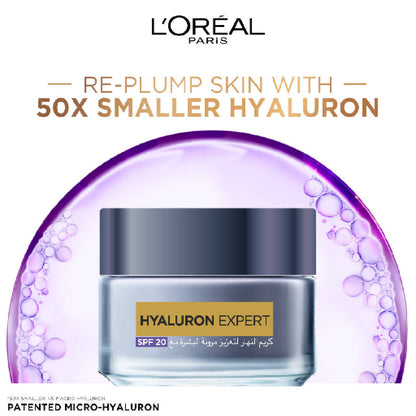 L'Oreal Paris Hyaluron Expert cream jar with promotional text on a white background