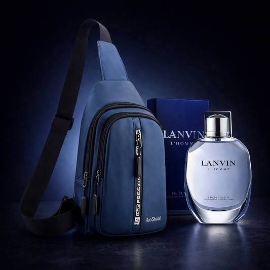 Blue backpack and Lanvin perfume bottle on a dark background