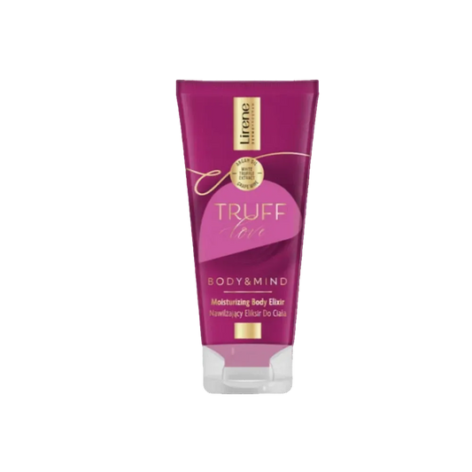 Purple tube of  Lirene 'Truff Love' body elixir on a white background