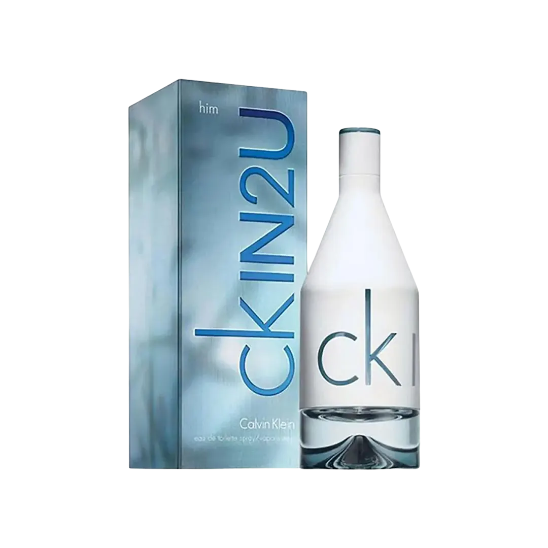 A bottle of Calvin Klein CK IN2U Eau De Toilette Pour Homme alongside its packaging box.