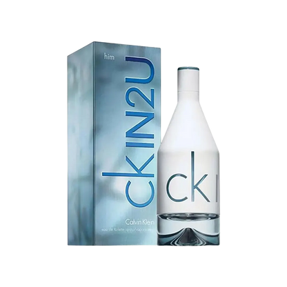 A bottle of Calvin Klein CK IN2U Eau De Toilette Pour Homme alongside its packaging box.