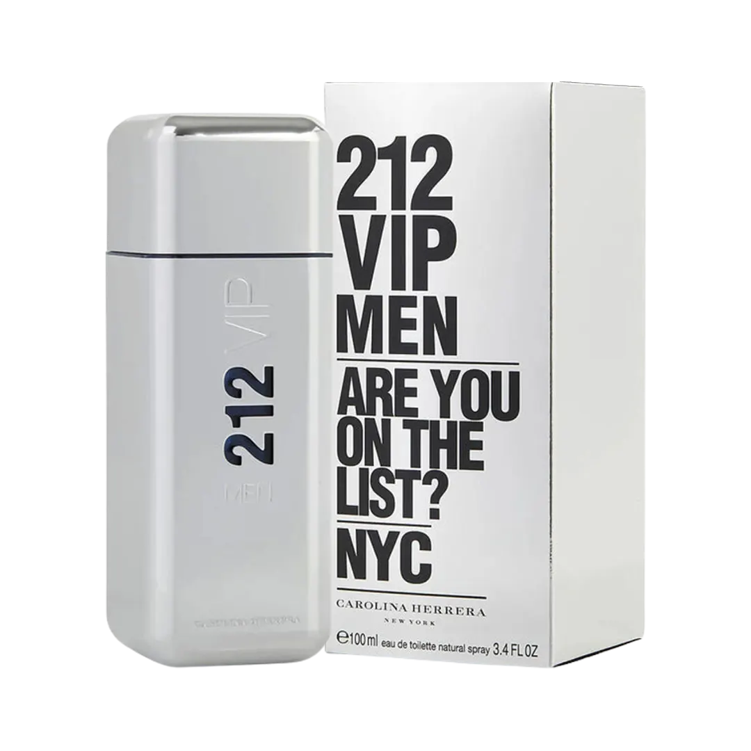 Carolina Herrera 212 VIP Men Eau De Toilette Pour Homme packaging, featuring a white bottle with '212 VIP MEN' text and a black band, alongside the product box with brand and product name.