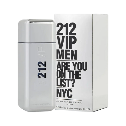 Carolina Herrera 212 VIP Men Eau De Toilette Pour Homme packaging, featuring a white bottle with '212 VIP MEN' text and a black band, alongside the product box with brand and product name.