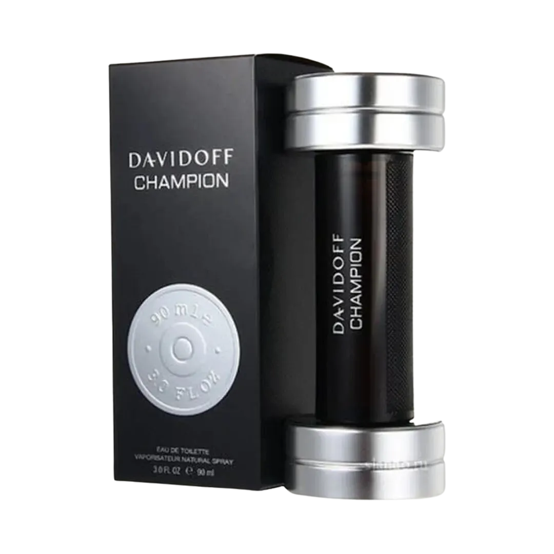 Davidoff Champion Eau De Toilette Pour Homme packaging, featuring a black and silver bottle with the brand name and product details on the label.