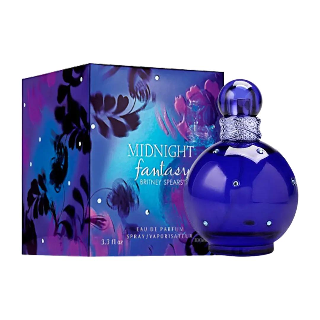 Bottle of Britney Spears Midnight Fantasy Eau De Parfum with the packaging box, featuring a blue and purple design with floral and fruity illustrations.